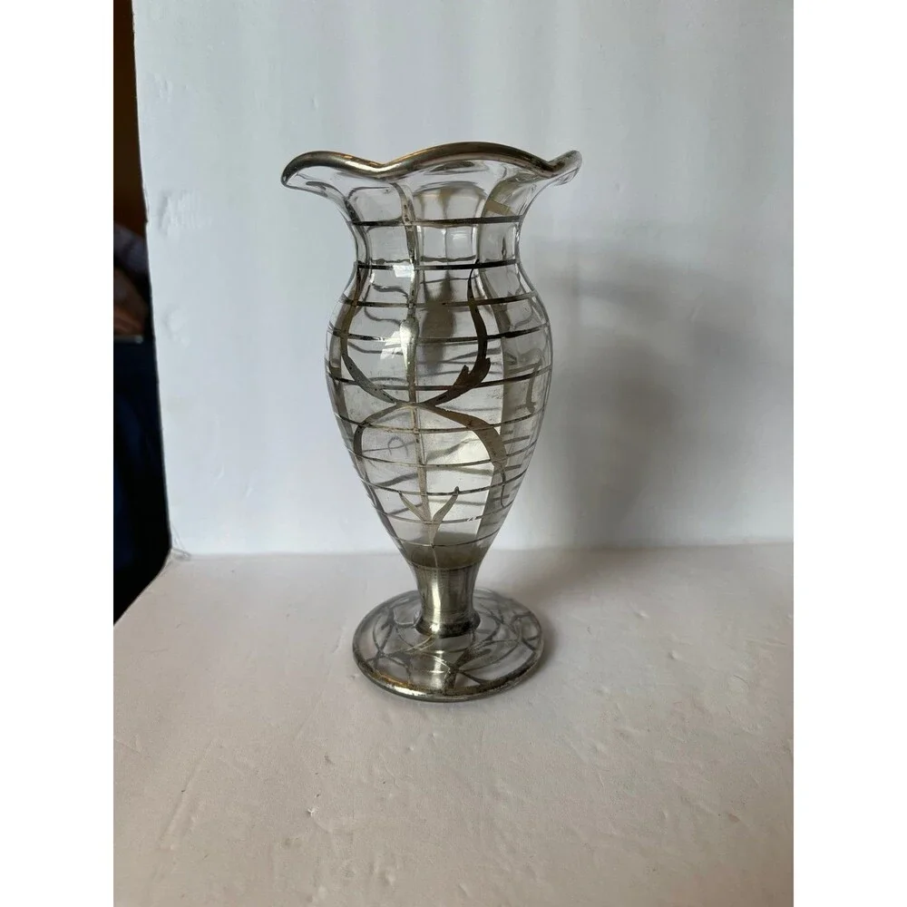 Art Nouveau Vase Sterling Silver Overlayed Glass Fluted Lip Footed Circa 1930’s